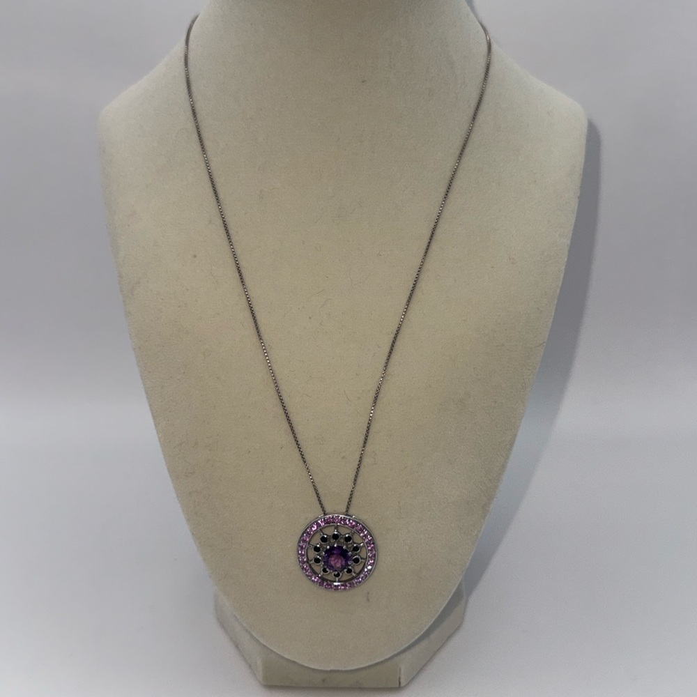 Sterling Silver 925 Italy Purple Crystal Halo Pendant Necklace Round jewelry